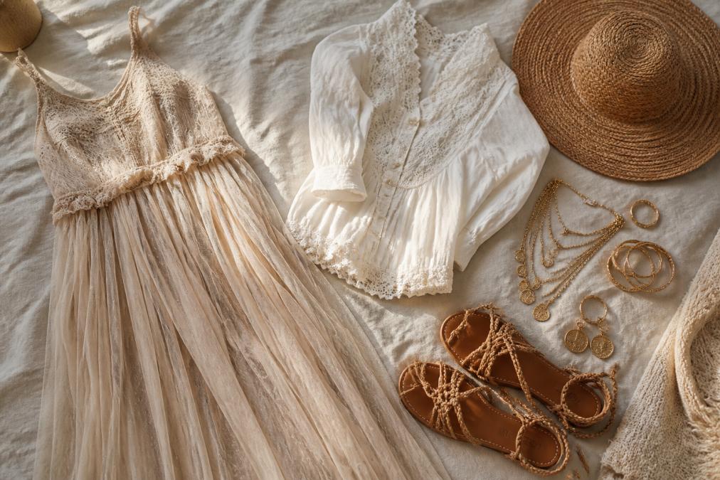 A flat-lay photograph of a bohemian capsule wardrobe on a linen surface: a tulle midi dress, a lace-trimmed blouse, layered gold jewelry, woven sandals, and a wide-brim hat arranged together in soft natural light