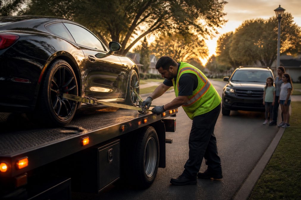 Operator securing a luxury car on a flatbed truck in Tulsa, impacting tow truck pricing considerations.