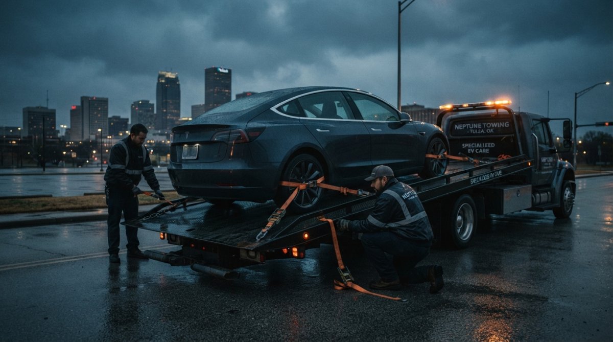 Professional tow truck operator carefully securing an electric vehicle onto a flatbed tray using proper loading equipment and straps, with the tow truck positioned on a clear highway