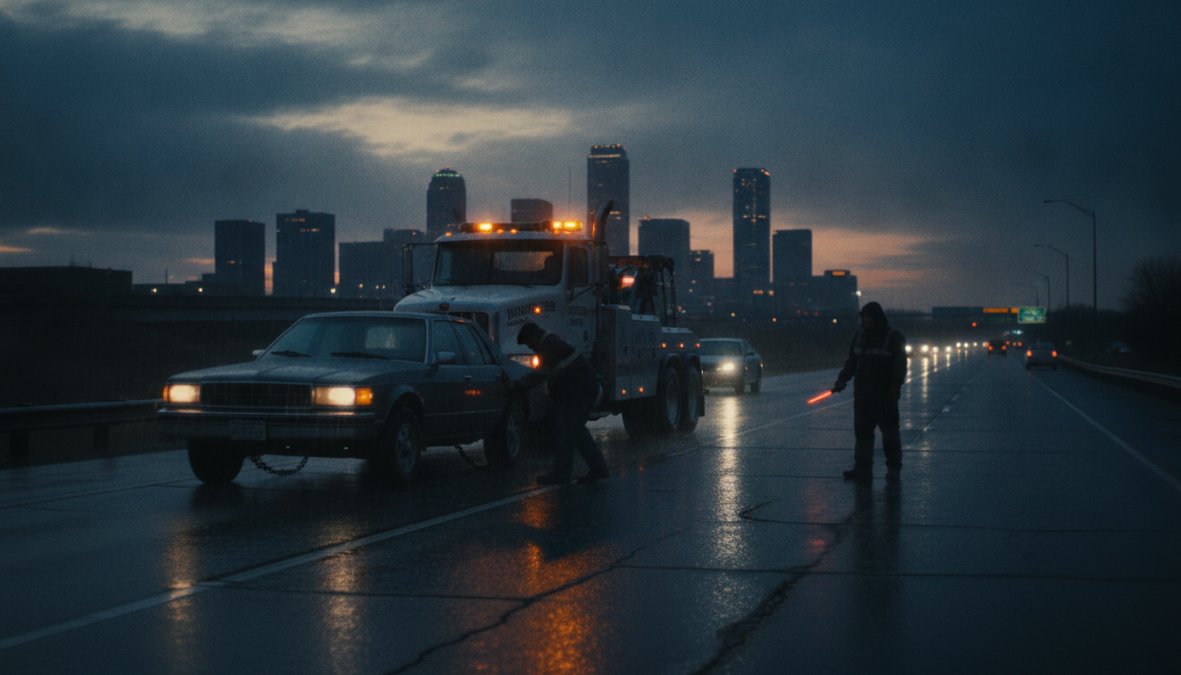 Tow truck with emergency lights activated responding to a stranded vehicle on an Oklahoma highway at dusk, professional operator visible