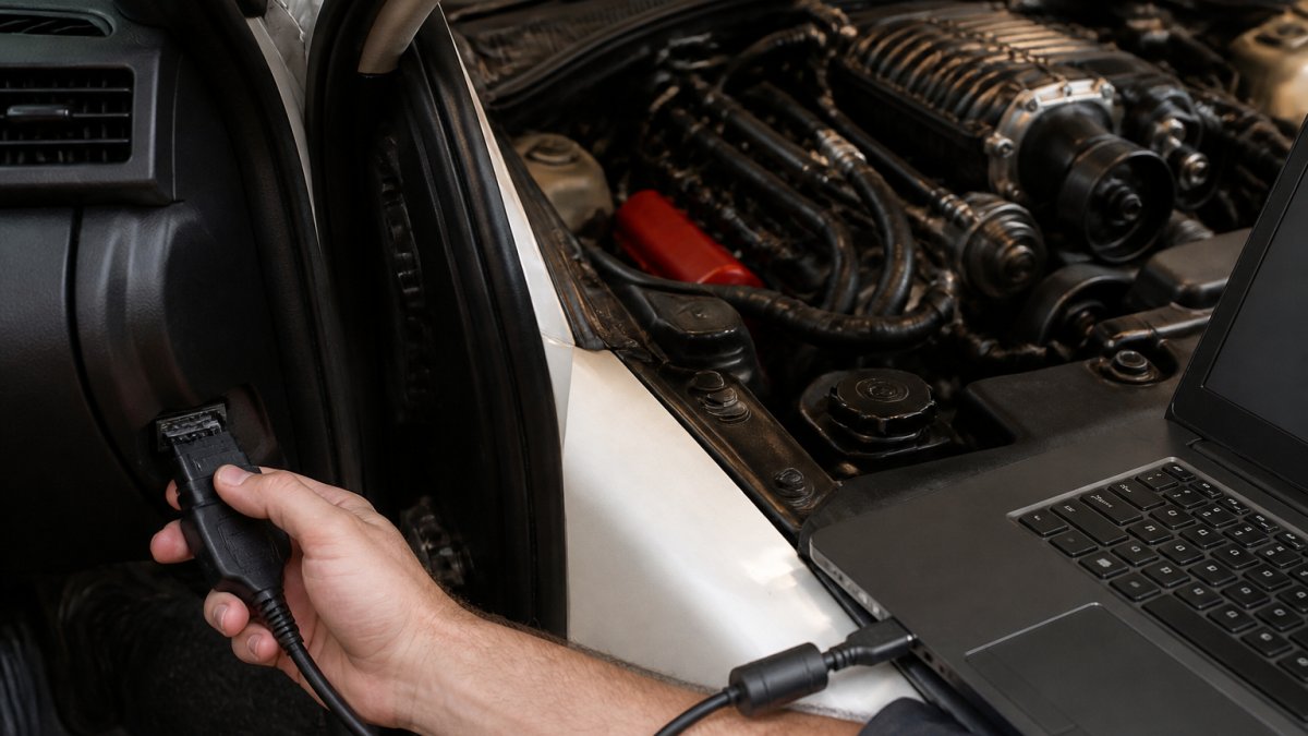 Close-up of hands connecting a laptop and tuning cable to a vehicle's OBD-II port in a home garage, with a supercharger kit partially visible on the engine in the background