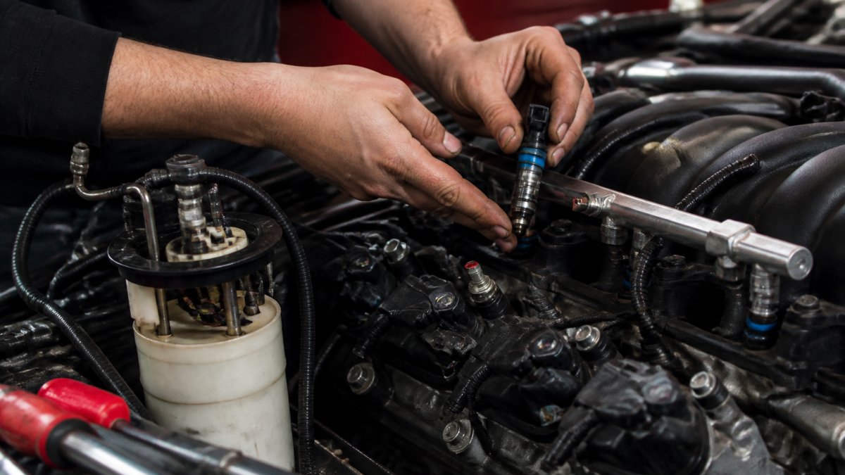 Close-up of a mechanic's hands installing an upgraded fuel injector and fuel pump assembly on a performance engine in a garage, with tools and fuel lines visible