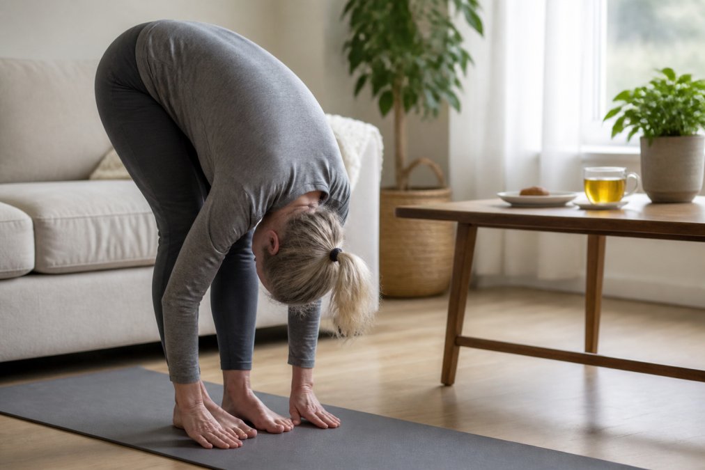 An older adult in comfortable athletic clothing performing a gentle forward fold stretch in a bright, naturally lit home setting, with a warm cup of golden turmeric tea visible on a wooden table in the background