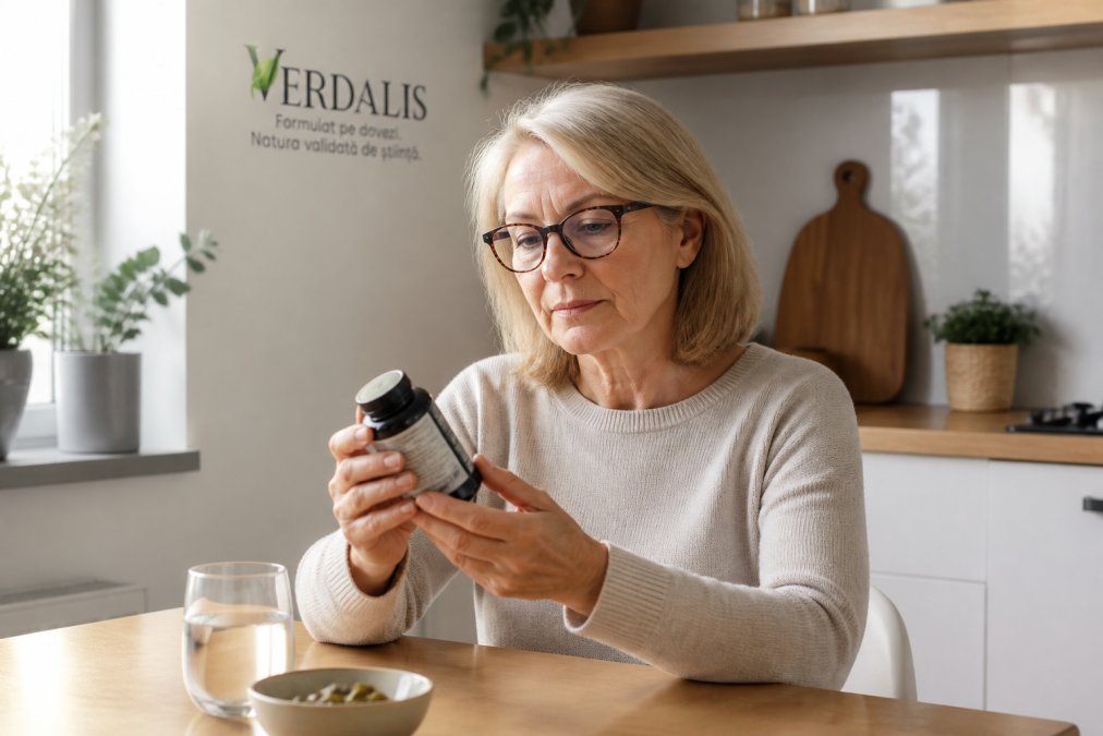 Persoană de peste 50 de ani care citește atent eticheta unui flacon de turmeric standardizat 95 în bucătărie