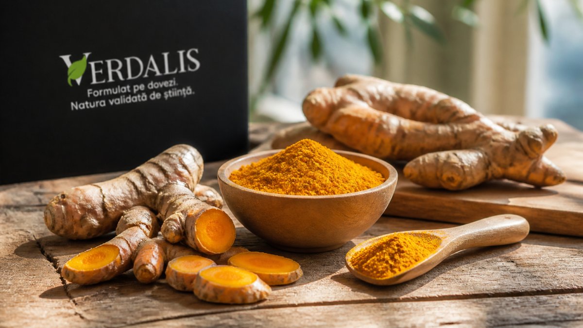 Close-up of a wooden table with fresh turmeric rhizomes, a small bowl of golden turmeric powder and a wooden spoon, in soft natural daylight