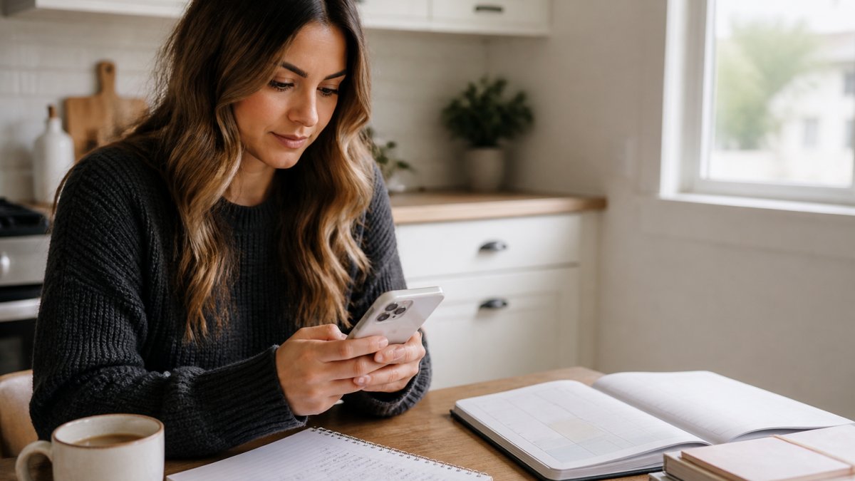 A woman working on her smartphone at a kitchen table with a notebook and coffee, reviewing a content calendar and income tracker, natural morning light