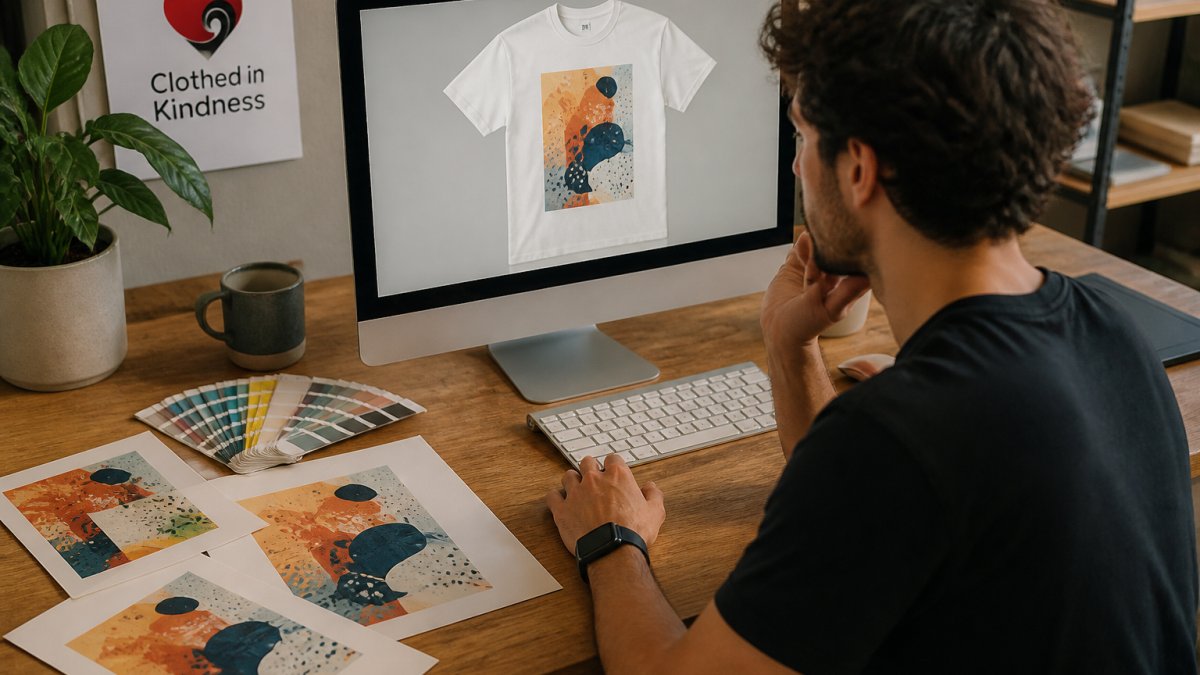 Designer reviewing digital mockup of artwork positioned on blank t-shirt on computer screen, with printed design samples on desk beside keyboard