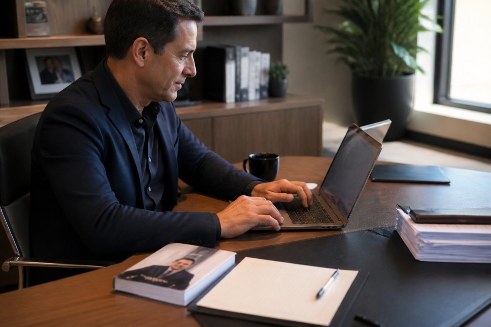 Professional consultant sitting at desk with published book visible, reviewing email sequences on laptop screen with coffee nearby