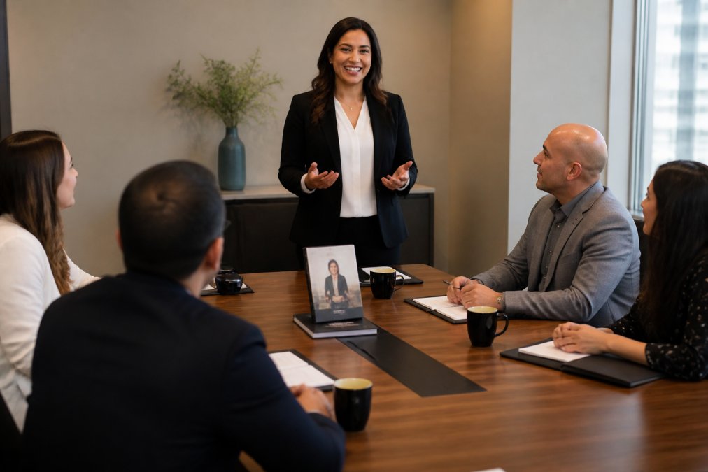Business professional presenting to group with published book visible on table, representing authority and client engagement