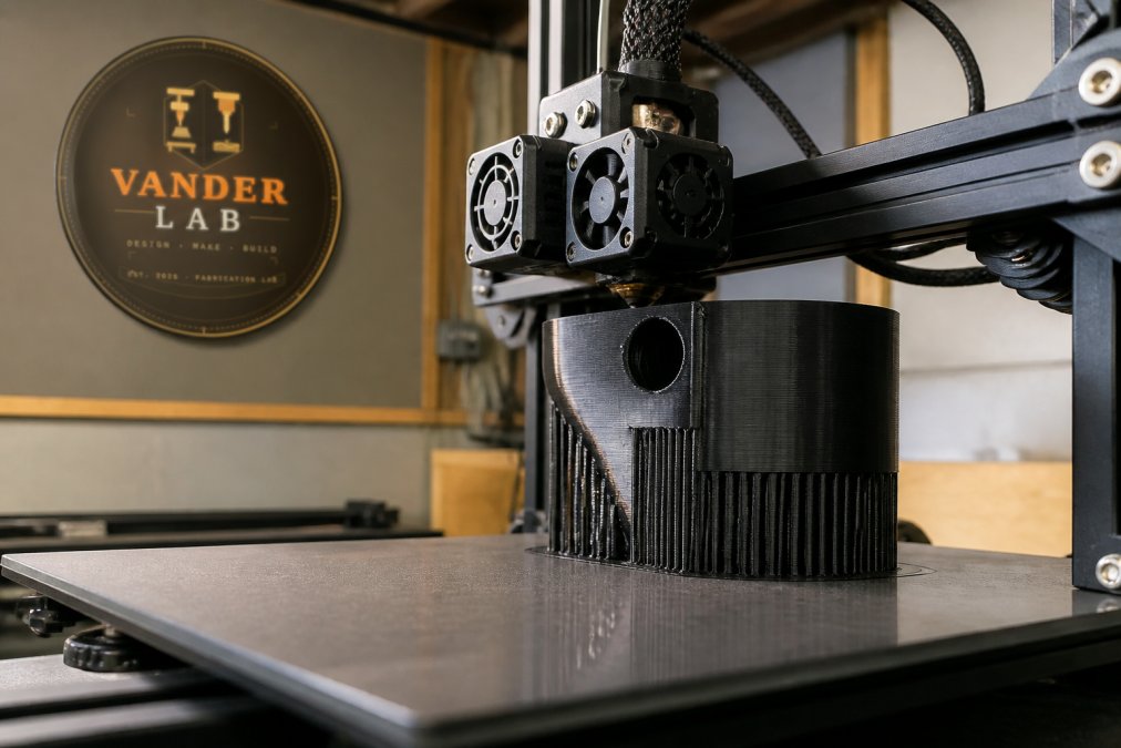 Close-up of a 3D printer's build plate showing a partially completed part with visible layer lines and support structures being printed in real time