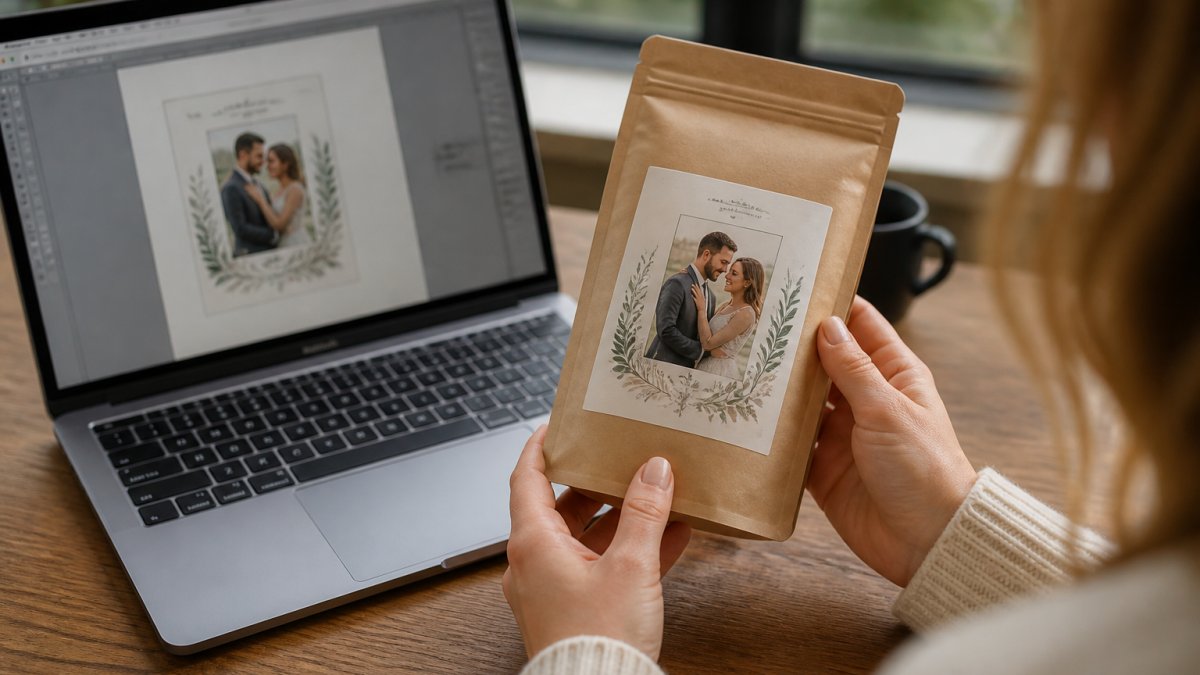 Close-up of hands holding a small kraft coffee bag with a custom printed label featuring a couple's photo, beside an open laptop showing a label design mockup on a wooden table in soft window light