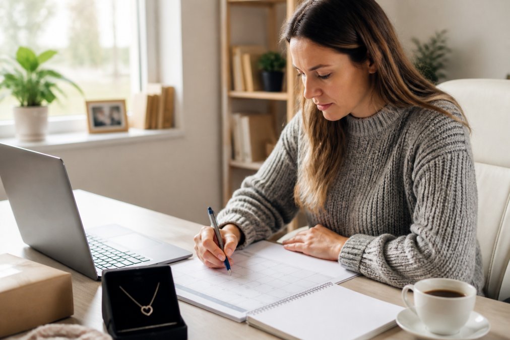 Person at a desk checking calendar and laptop, planning ahead for gift deadlines with a notepad and coffee nearby, natural window lighting illuminating the workspace