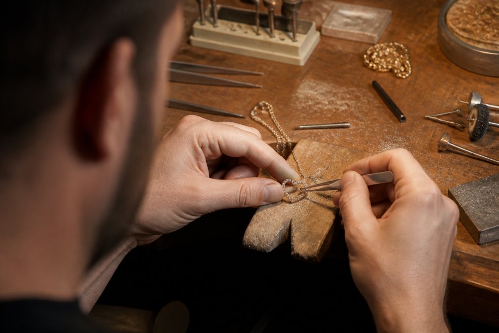 Close-up of a jeweler's hands at a workbench, carefully setting a small gemstone into a delicate metal necklace pendant under bright workshop lighting, with tools and metal filings visible on the wooden surface