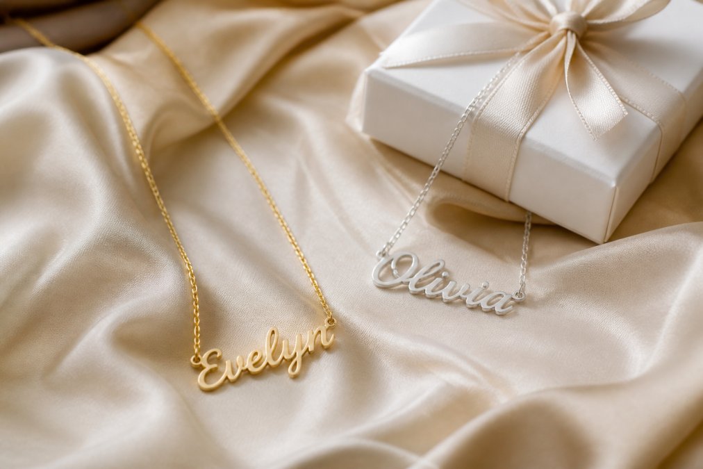 Flat lay of two elegant personalized name necklaces on soft cream fabric, arranged beside a small white gift box with a satin ribbon, warm natural light casting soft shadows
