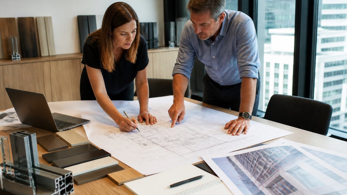 A facade consultant and project manager reviewing large-format glazing shop drawings spread across a meeting table, with a laptop and marked-up elevations nearby