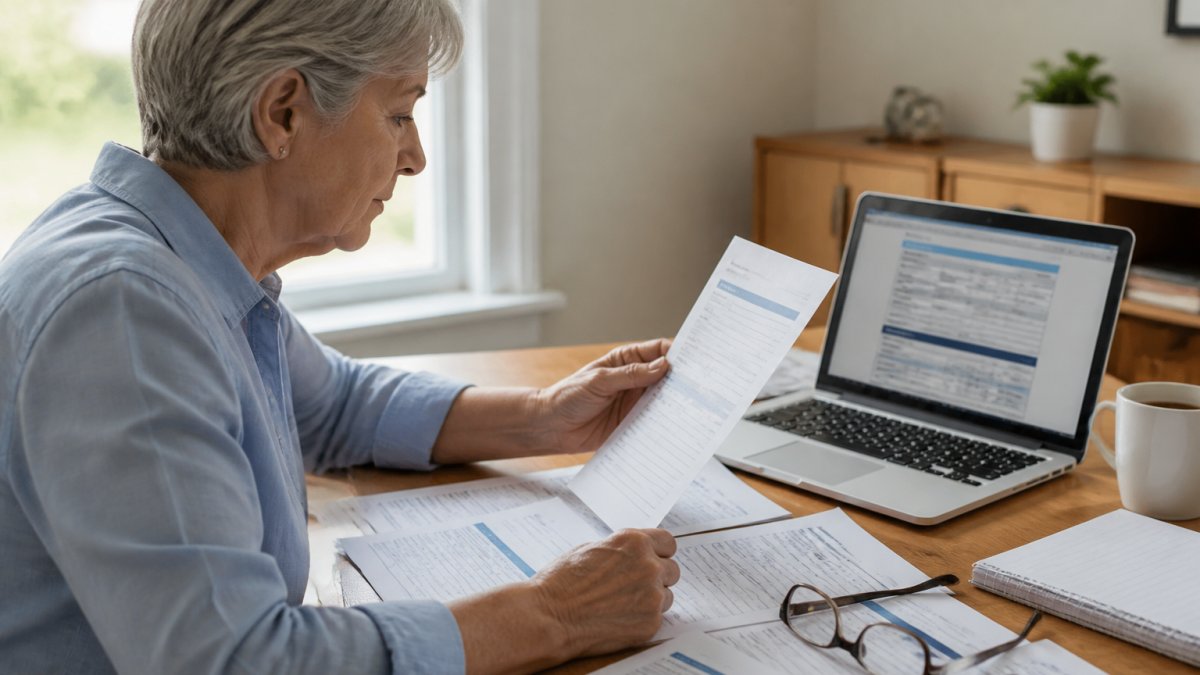 Senior adult reviewing Medicare documents at a desk with glasses, paperwork spread out, and a laptop showing enrollment screens, natural daylight from a nearby window
