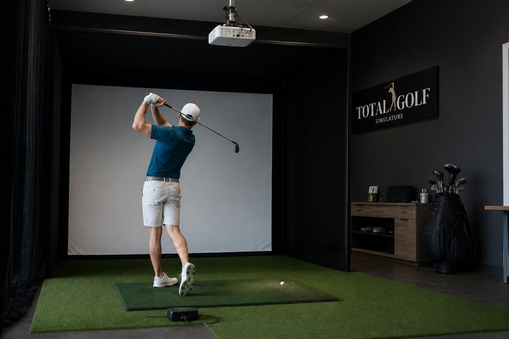 A well-lit indoor golf simulator room with a large impact screen, turf hitting mat, and projector mounted overhead; a golfer mid-swing in casual attire with realistic lighting and depth