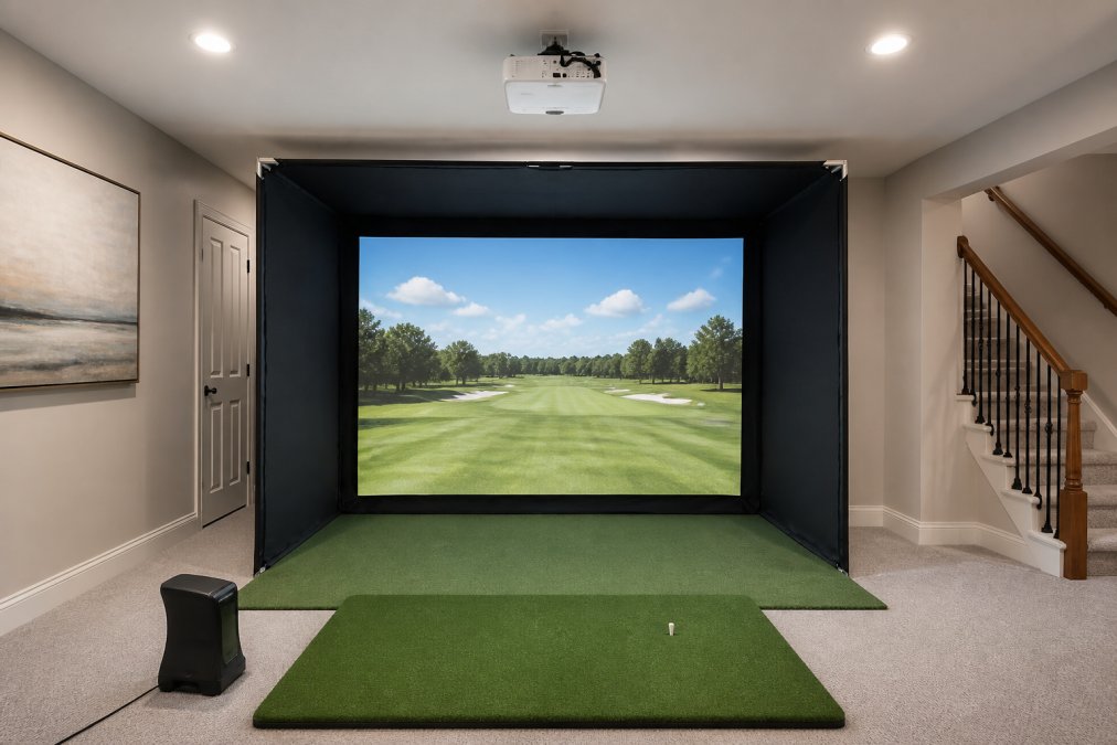 A finished home golf simulator bay in a carpeted basement with a bright white impact screen displaying a sunlit fairway, a green hitting mat with turf in front, a launch monitor device positioned on the floor to the left, and a short-throw projector mounted on the ceiling overhead
