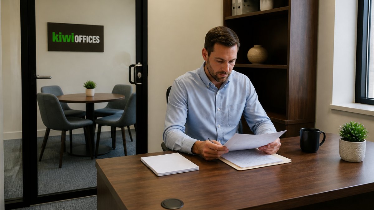 A consultant in business casual attire reviewing documents at a clean desk inside a private, furnished office suite with a closed glass door and a small meeting table behind them