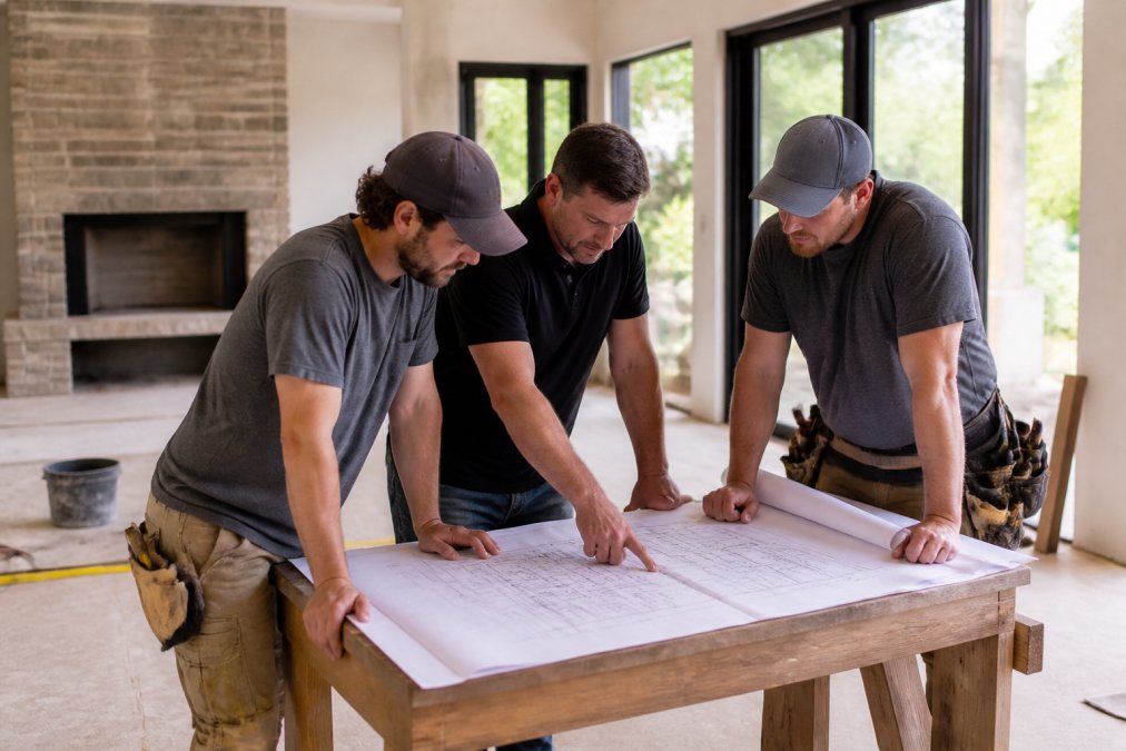 Professional construction team reviewing detailed blueprints and project specifications on-site during active renovation, showing collaborative coordination and quality oversight