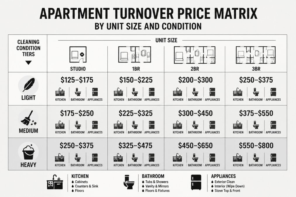 Matrix grid showing cleaning condition tiers (light, medium, heavy) against unit sizes (studio, 1BR, 2BR, 3BR) with dollar price bands and scope notes for kitchen, bathroom, and appliances at each intersection