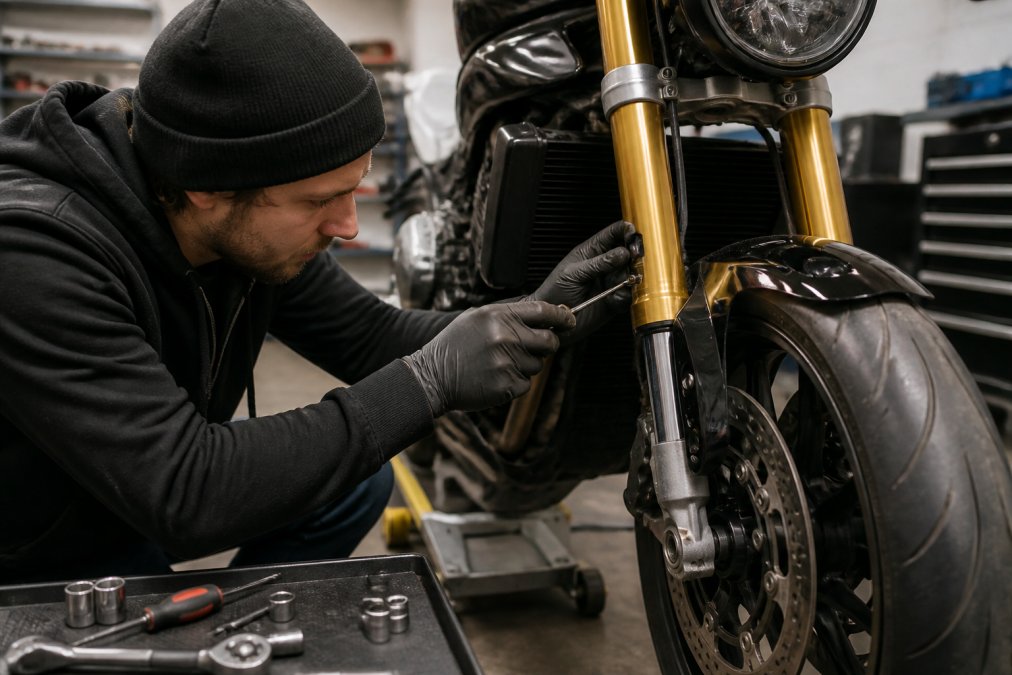 Motorrijder die aan de veringstelling werkt in een werkplaats, met tools en de motor op een werkstand zichtbaar, met duidelijk zicht op afstellingsschroeven