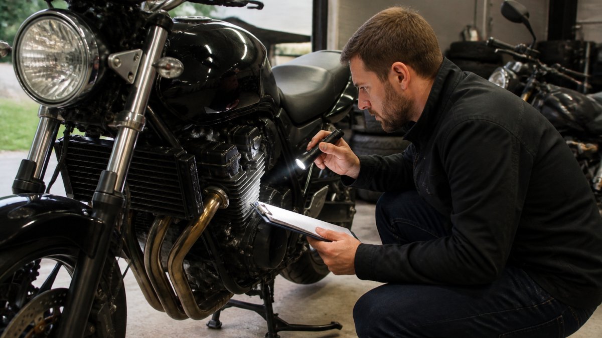 Een koper inspecteert een tweedehands motorfiets in een buitenlandse garage, met een checklist op een tablet in de hand en een zaklamp voor het controleren van het motorblok