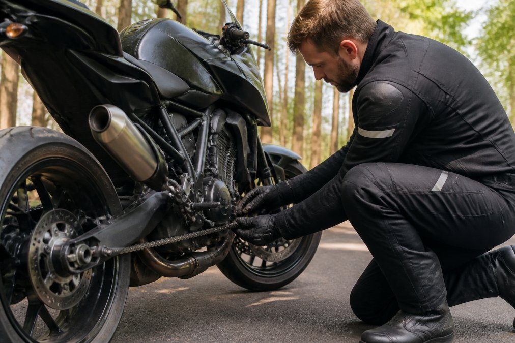 Ervaren motorrijder inspecteert de remmen en ketting van een tweedehands motorfiets in daglicht, gekleed in veiligheidsuitrusting
