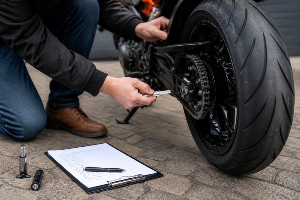 Motorrijder inspecteert bandenprofiel en velgen van tweedehands motorfiets in daglicht, met meetinstrumenten en controlelijst zichtbaar