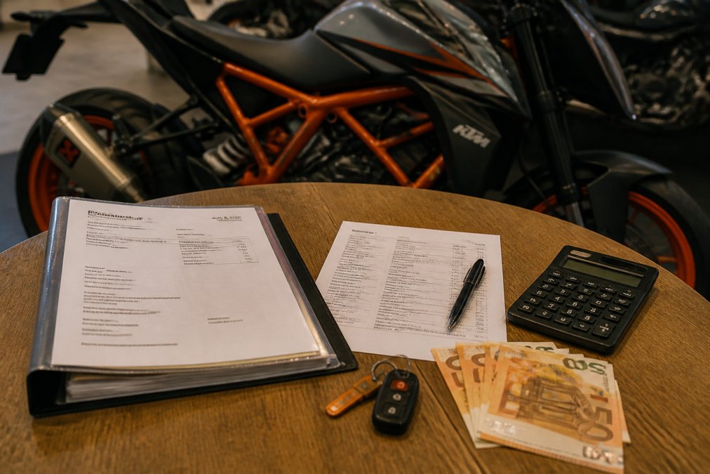 Overzicht van keuringsstations met prijslijsten en kostencalculator op tafel, naast motorfiets documentatie