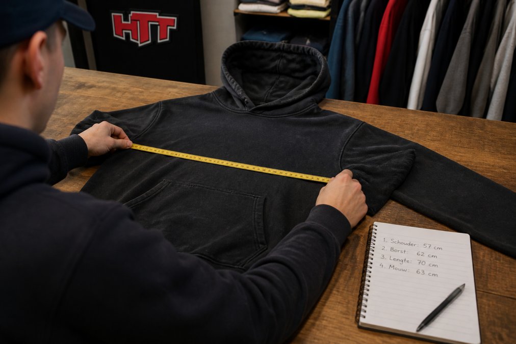 Iemand meet een vintage streetwear hoodie plat op een houten tafel met een meetlint, naast een notitieblok met maten