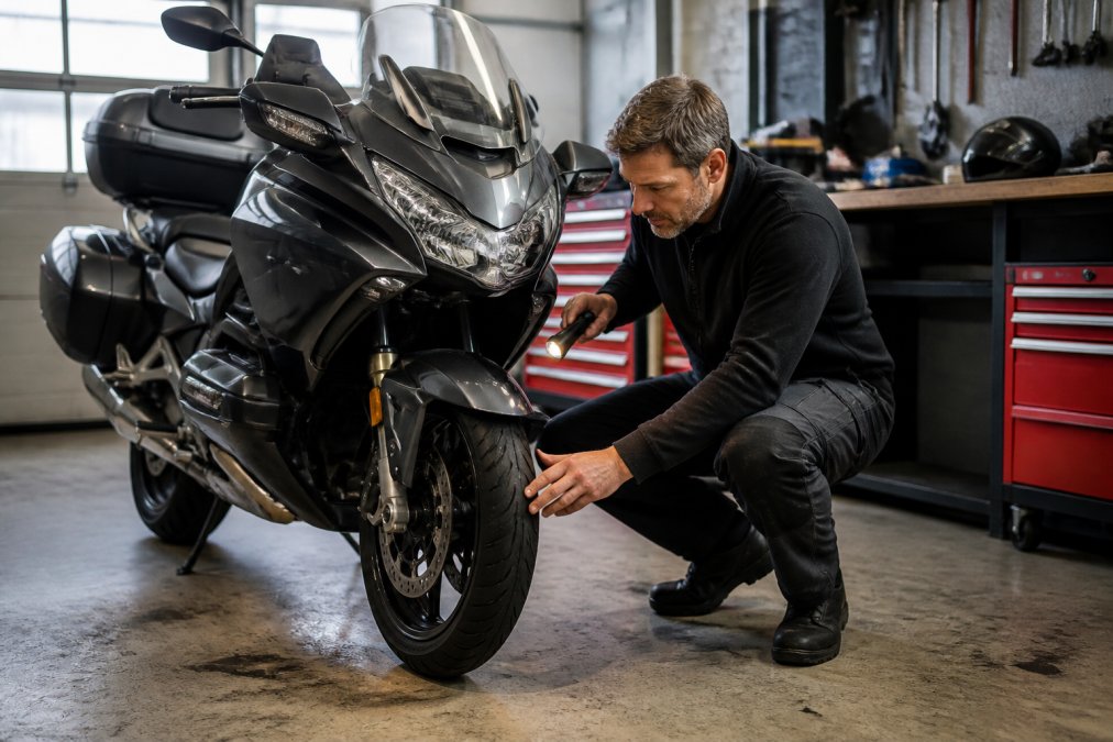 Een ervaren motorrijder inspecteert de technische staat van een tweedehands toermotor, controleert bandenprofiel en remmen in een werkplaatsen omgeving met helder daglicht