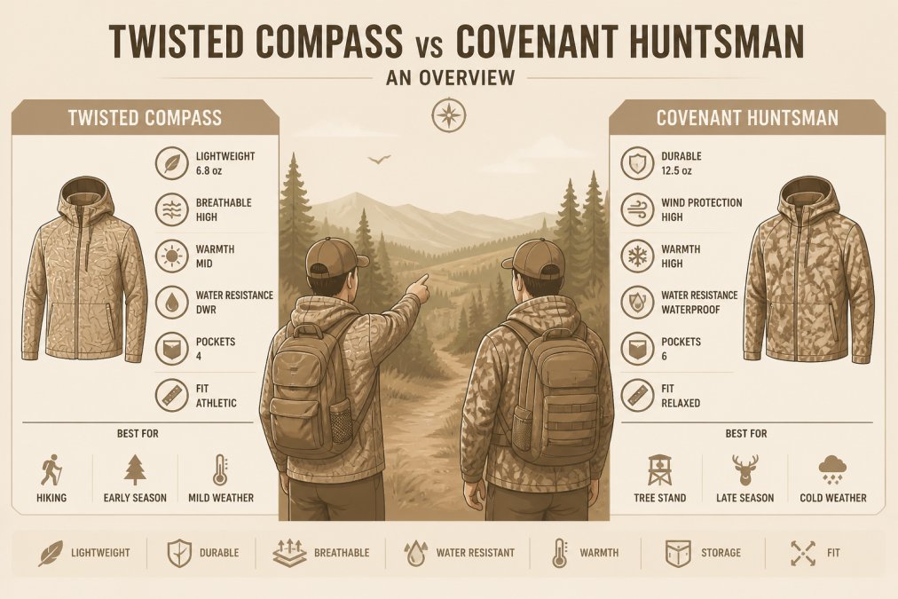 Two hunters in camouflage jackets standing side by side at the edge of a forest trail, comparing gear and pointing at distant terrain