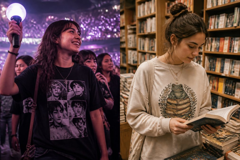 A K-pop fan wearing a custom graphic tee at a concert with light sticks and fandom energy, and a BookTok enthusiast wearing a literary-themed graphic tee in a cozy bookstore setting, both showcasing how niche fandom apparel expresses personal identity and community belonging