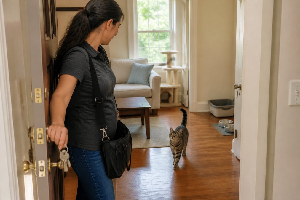 Professional pet sitter entering a home with a key, smiling at a tabby cat approaching from the living room, with visible litter box and food bowls in the background, natural afternoon light