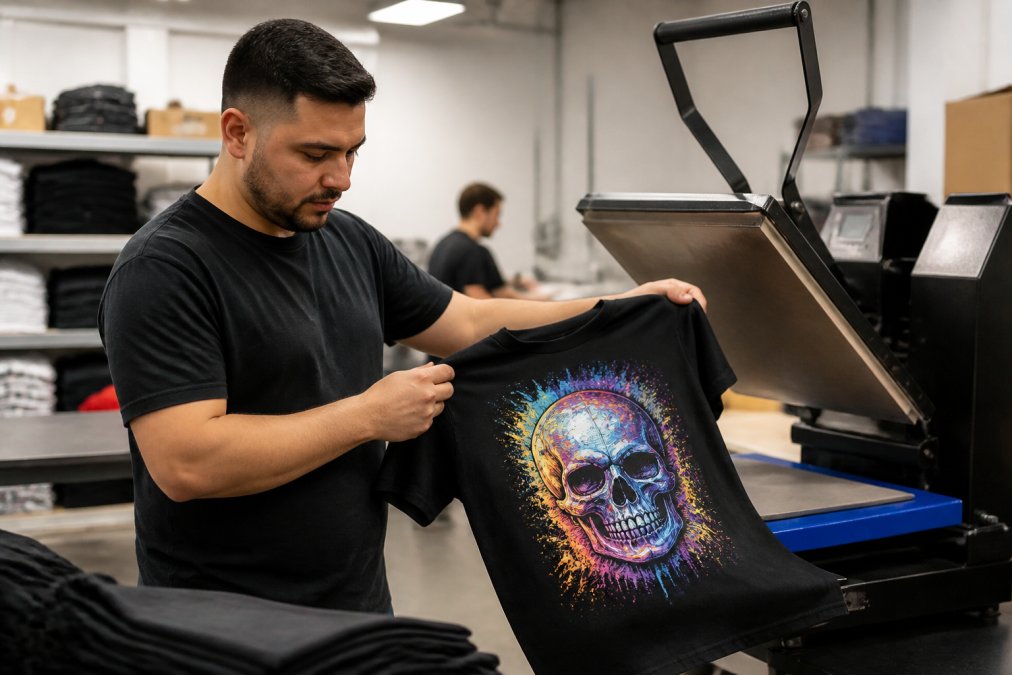 Print shop worker inspecting a vibrant DTF transfer on a t-shirt, a key step in the twosidesprint vs americanprintandapparel