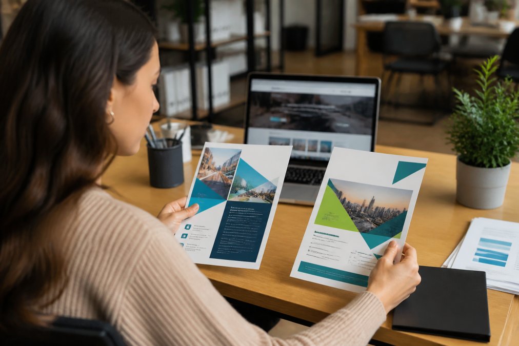 Marketing manager comparing brochures for a twosidesprint vs printit4less feature matrix infographic