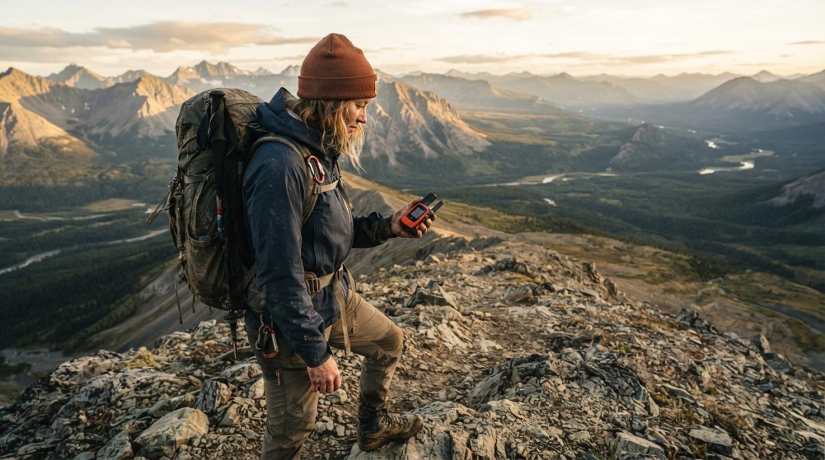 Off-grid explorer holding a compact satellite communicator device while standing on a remote mountain ridge with expansive wilderness landscape and golden afternoon light