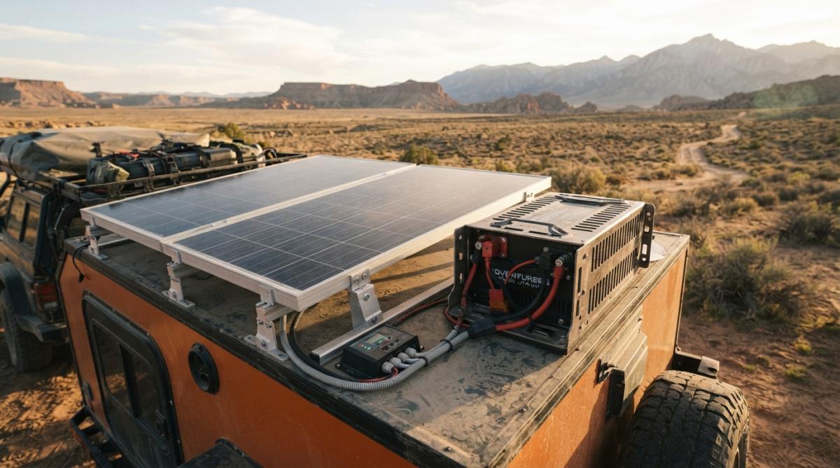 Close-up of solar panels and lithium battery bank installed on the roof of an off-grid camping trailer with desert landscape visible in late afternoon light