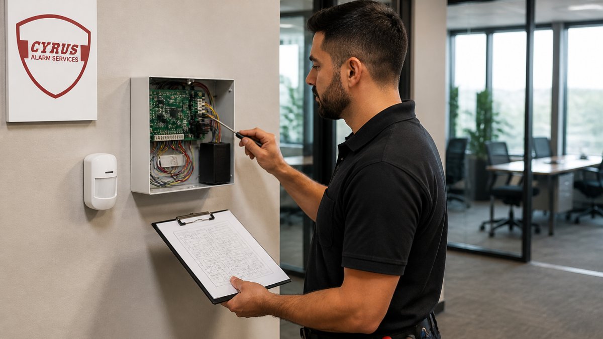 Professional technician installing commercial alarm panel and motion sensor on office wall, holding clipboard with wiring diagram visible, modern office setting with natural light