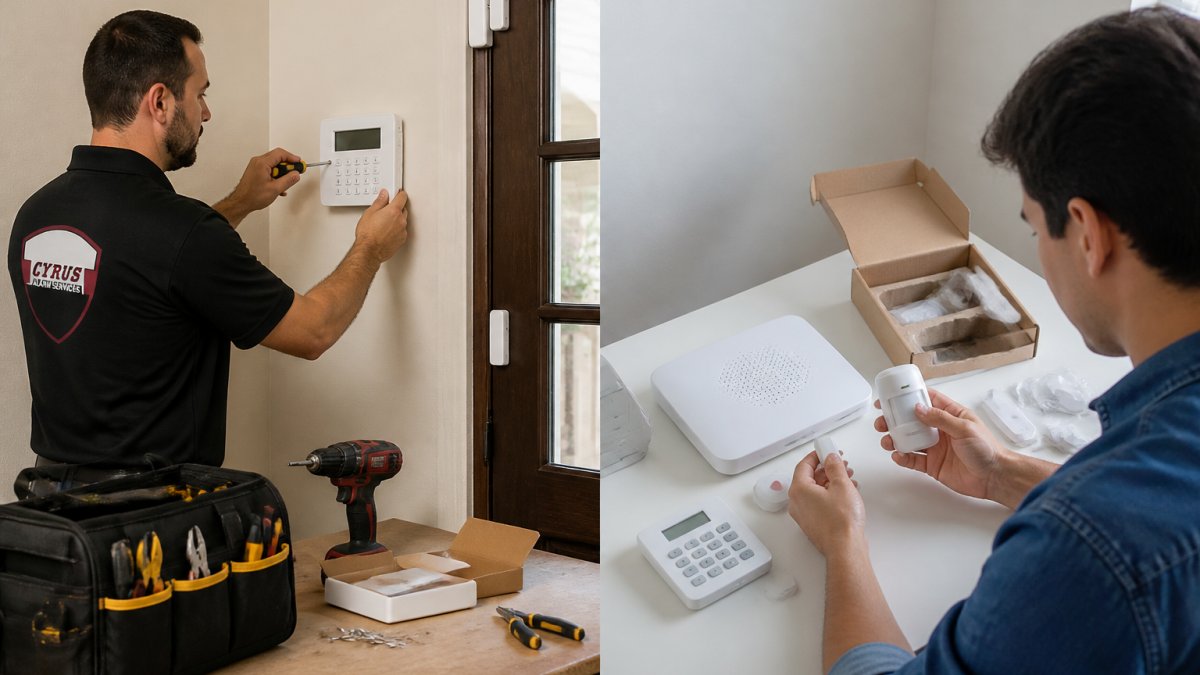 Professional technician installing a security control panel for a tyco vs vivint security home setup