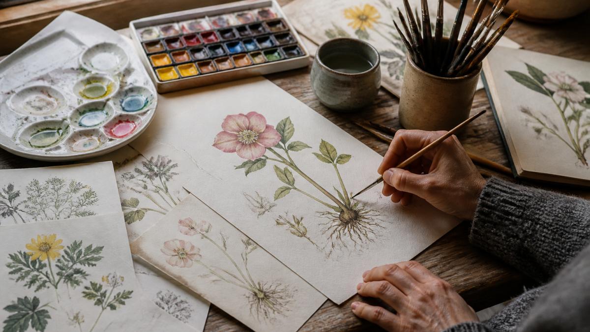 Close-up of an artist's hands holding a fine brush over a detailed watercolour botanical specimen sketch, with watercolour paints in ceramic wells, multiple brushes in a holder, and botanical reference papers spread across a wooden work surface