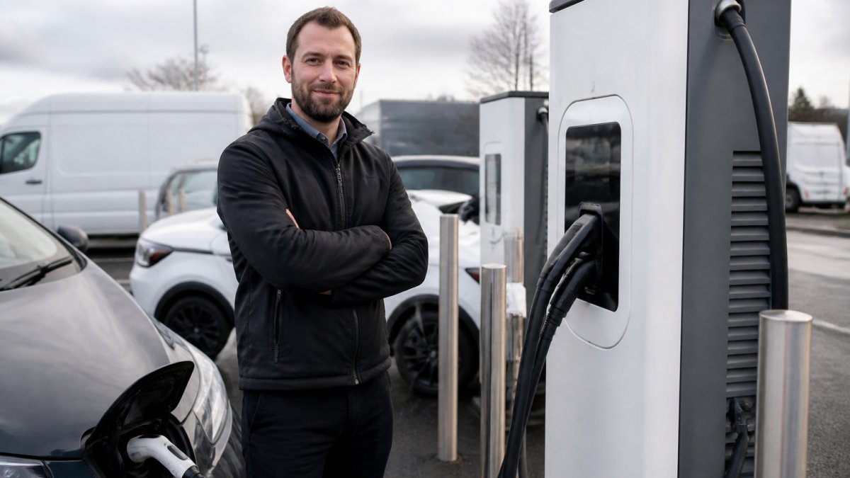 Business owner standing beside a commercial EV charging station in a busy car park with electric vehicles and delivery vans visible in the background, natural daylight