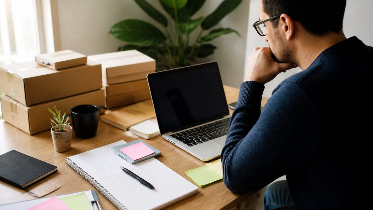 Entrepreneur at desk reviewing business model options on laptop, surrounded by notes and planning materials, natural office lighting