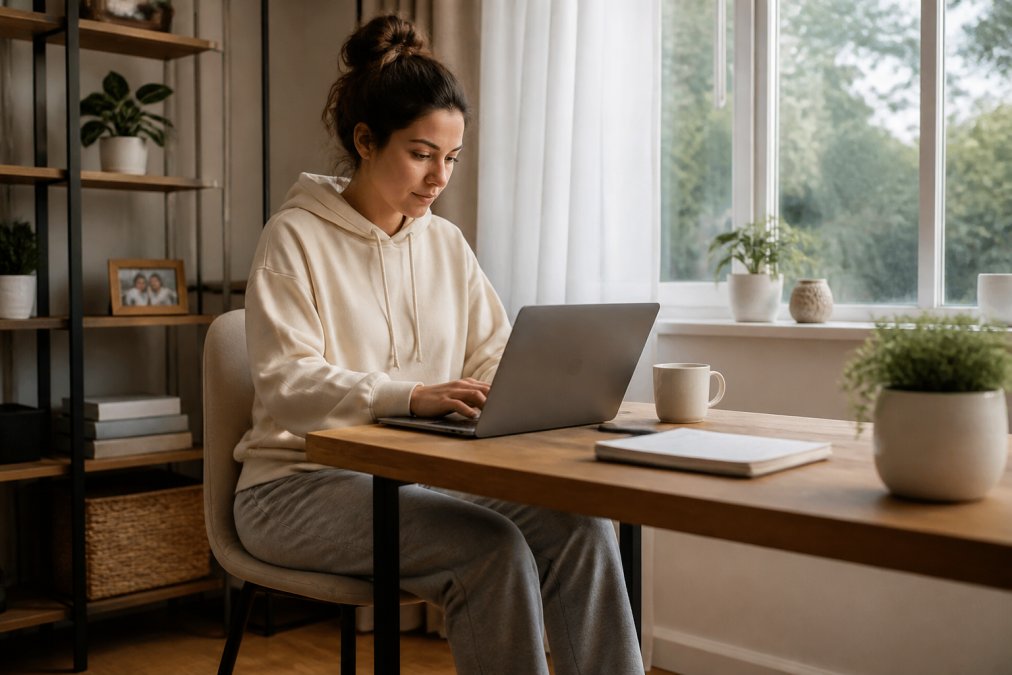 Woman working at home desk wearing soft gray sweatpants and a cream-colored hoodie, focused on laptop with natural window lighting, relaxed and professional posture