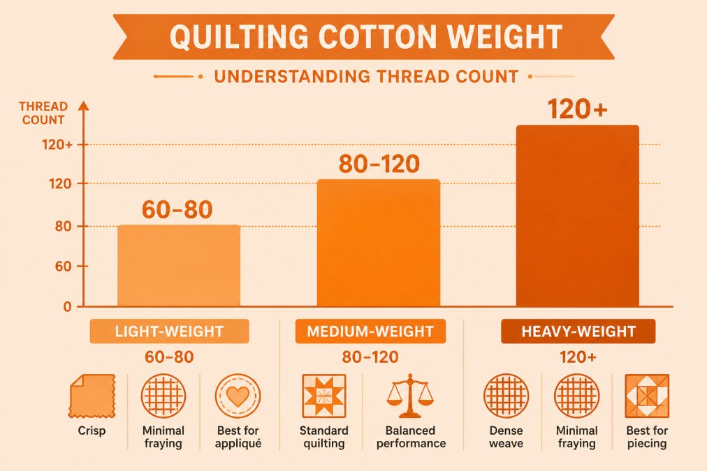 Bar chart comparing quilting cotton weight ranges: Light-weight 60-80 thread count (crisp, minimal fraying, best for appliqué), Medium-weight 80-120 thread count (standard quilting, balanced performance), Heavy-weight 120+ thread count (dense weave, minimal fraying, best for piecing)