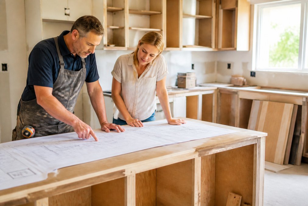 A contractor in a work apron reviewing blueprints with a homeowner at a kitchen island in a home under renovation, with exposed cabinets and construction materials visible