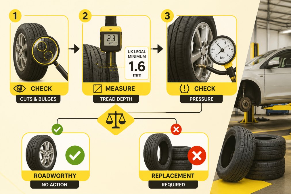 Flowchart showing the tyre inspection process: visual check for cuts and bulges, tread depth measurement against the UK legal minimum of 1.6mm, pressure check against manufacturer spec, then a decision point leading to either "roadworthy, no action" or "replacement required"