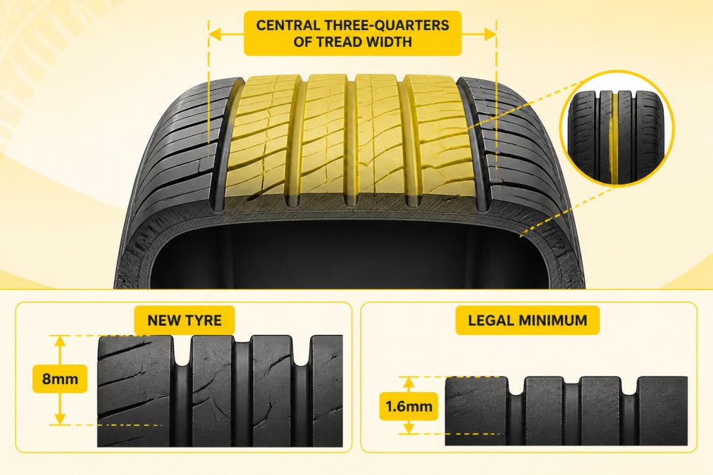 Diagram showing a tyre cross-section with tread depth markers at 8mm for a new tyre and 1.6mm at the legal minimum, with the central three-quarters of the tread width highlighted