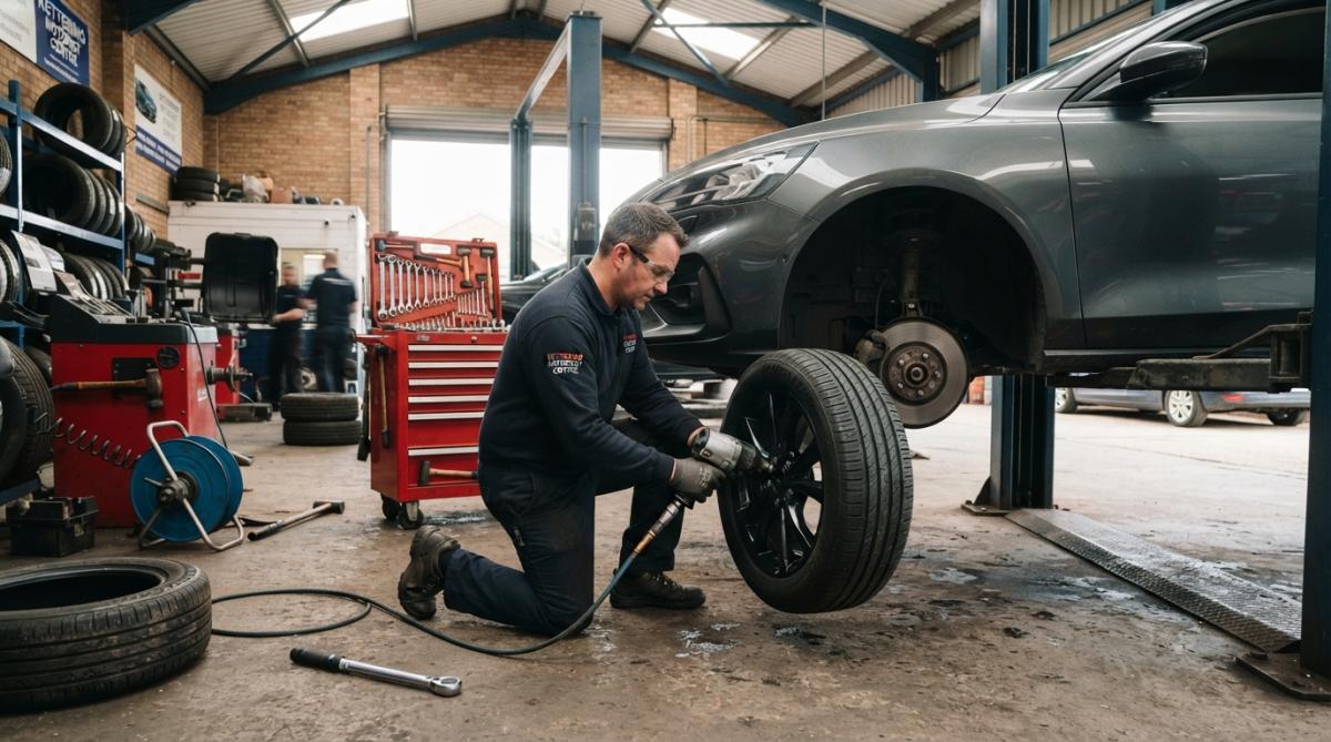 Professional mechanic fitting a new tyre onto a vehicle wheel in a bright, modern garage workshop with tools visible in the background